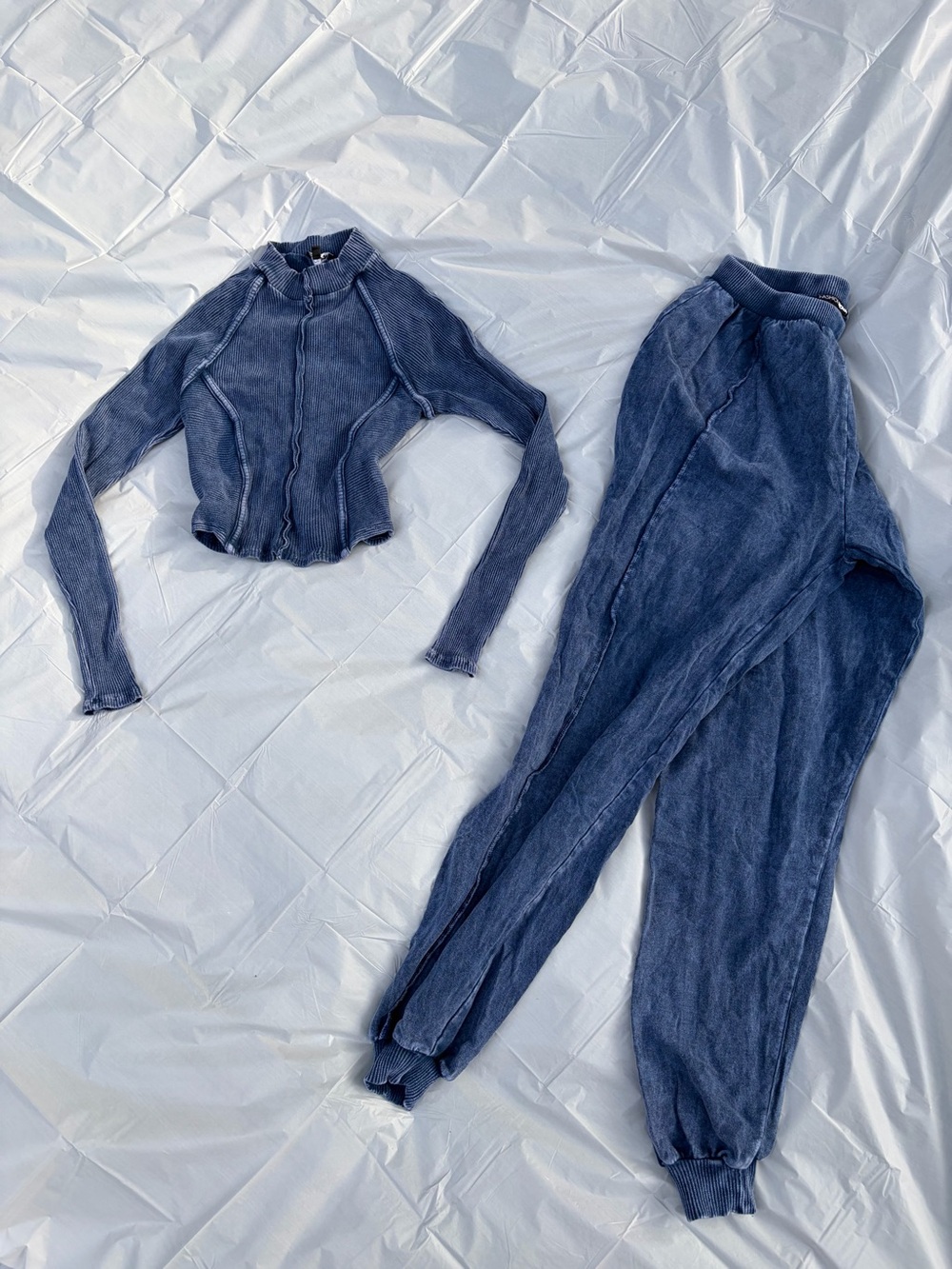 Fashion Nova L Women's Blue Ribbed Two-Piece Pajama Set